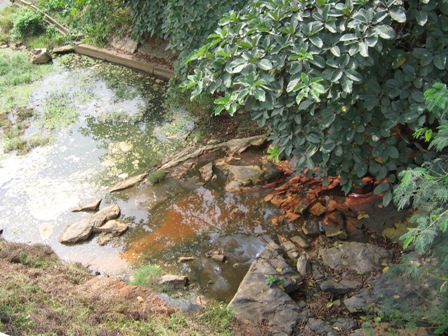 Het blootliggende graniet beneden bij de dam